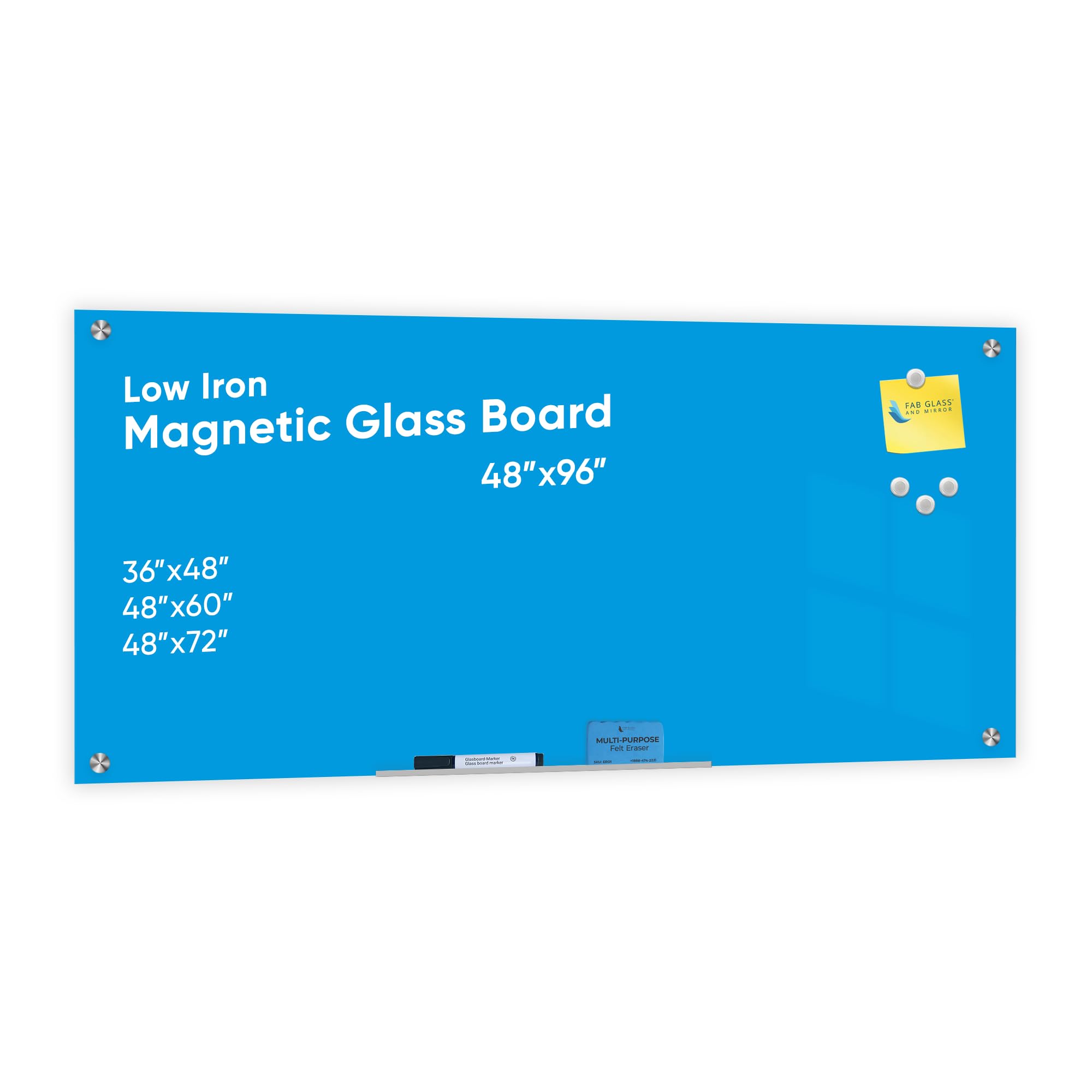 Glass Dry Erase Board for Wall - Magnetic Glass Board with Blue Surface - Frameless (48" x 96") with Magnets, Markers, Eraser, Marker Tray by Fab