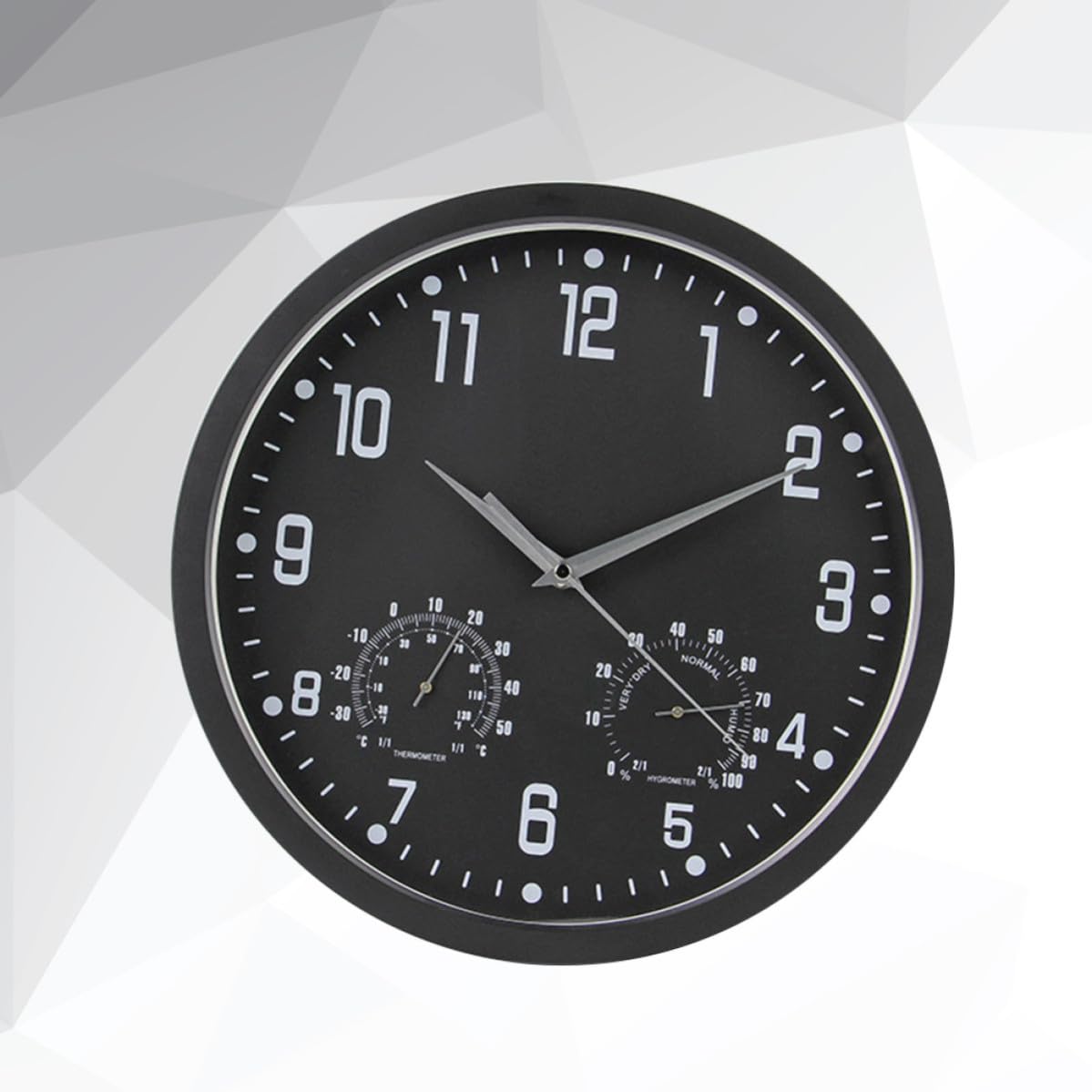 Reloj de Pared Silencioso Multifuncional Movimiento de Barrido Termómetro Higrómetro Diseño Moderno y Números Grandes para Salón Dormitorio y Oficina Marco Negro y Aguja Plateada
