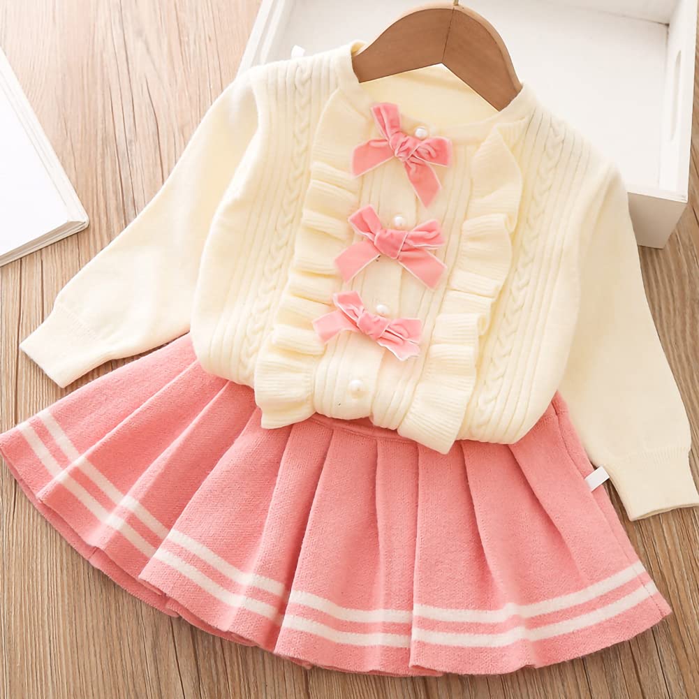 Toddler Baby Girl Fall Outfit Ruffled Long Sleeve Cardigan Sweater Top + Mini Pleated Skirt 2PCS Cute Knit Sweater Dress Christmas Pageant Party Ceremony Pink 2-3 Years