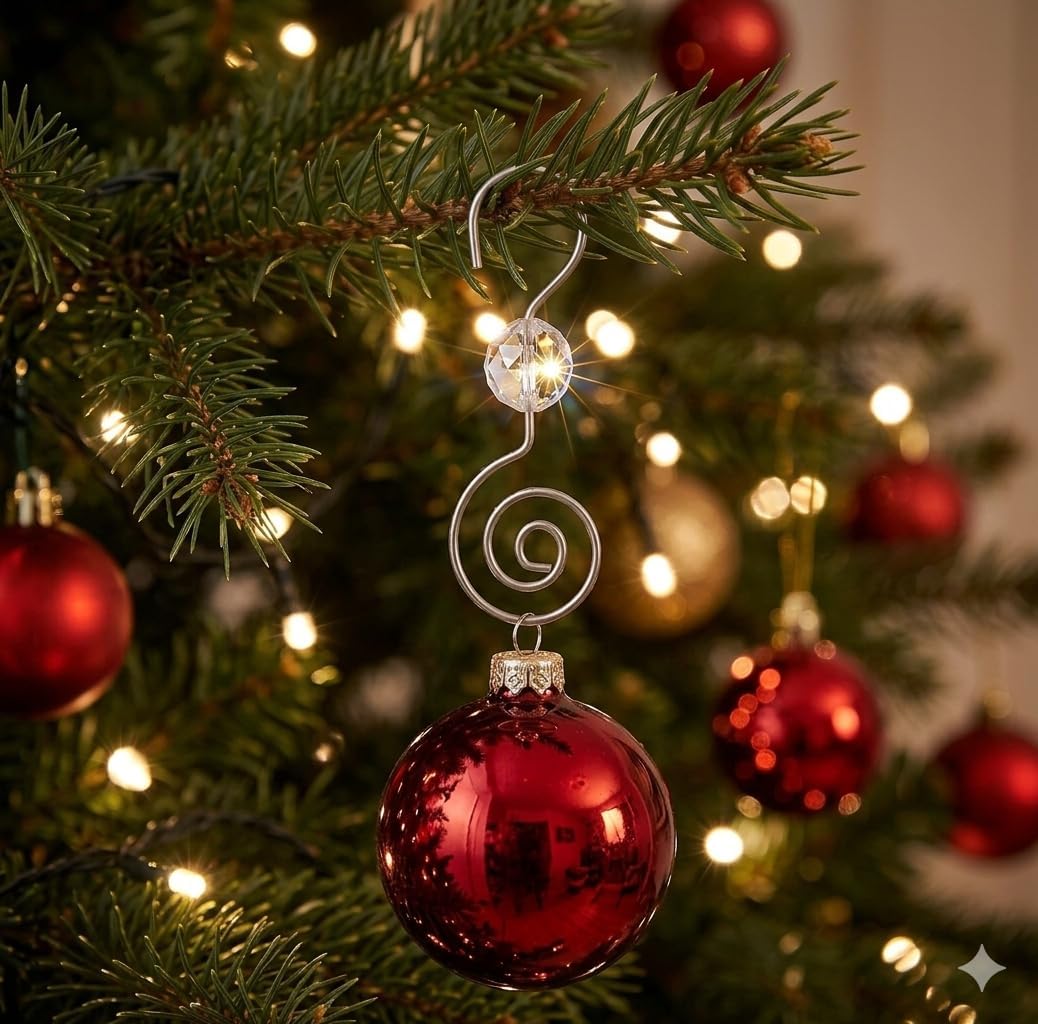 HOHIYA 36 Pcs Silver Christmas Ornament Hooks 2.5 Inch Swirl Tree Hangers Heavy Duty Stainless Steel Wire with Clear Crystal Accent Rust Resistant Decorative S Shaped Hooks for Holiday Decorations