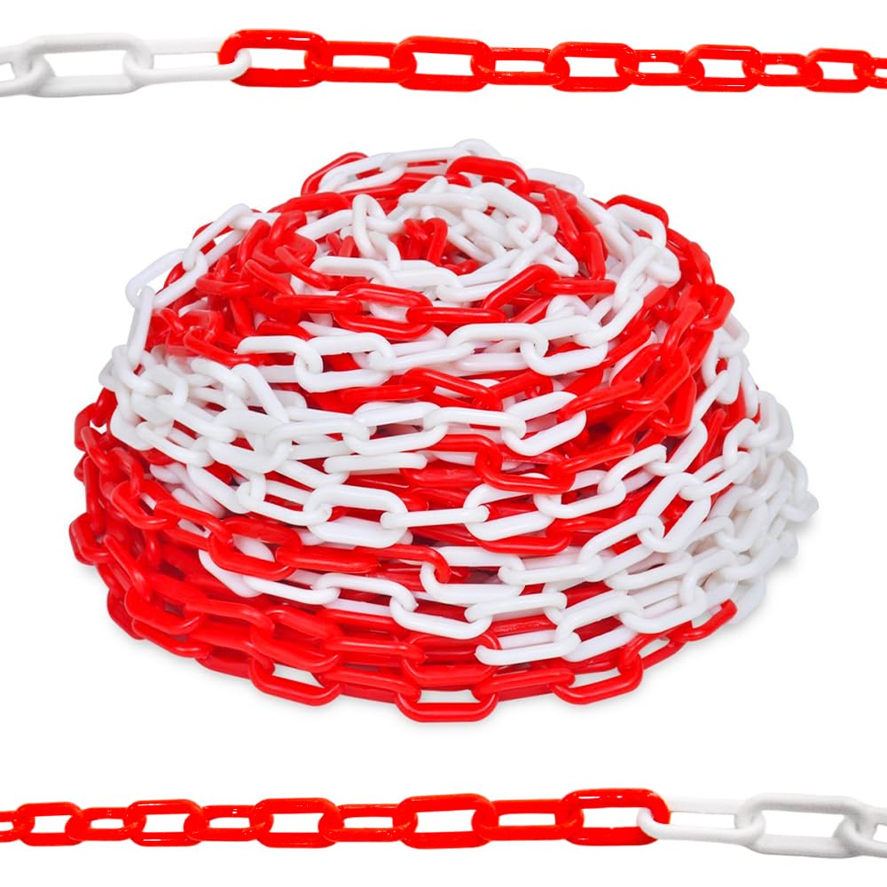 BERRY High Visibility 25 Meter Plastic Chain - Red and White | 6MM Plastic Chain Barrier for Traffic Control and Parking Space Management