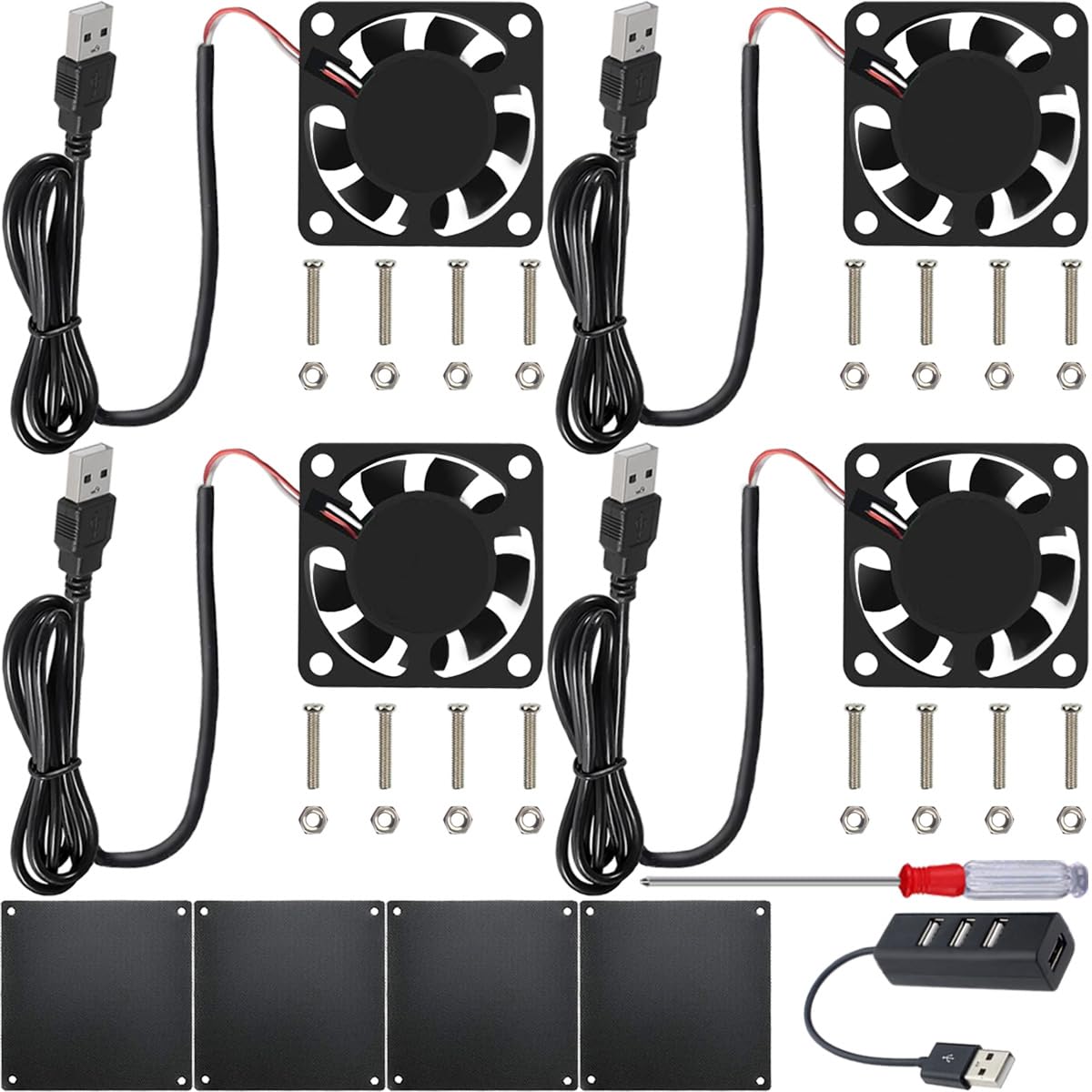 4 piezas 40mm × 10mm 4010 USB Ventilador de refrigeración sin escobillas DC 5V 6200RPM con accesorios, para bricolaje/prueba/impresora 3D/carcasa de PC/DVR/CPU/pequeños electrodomésticos