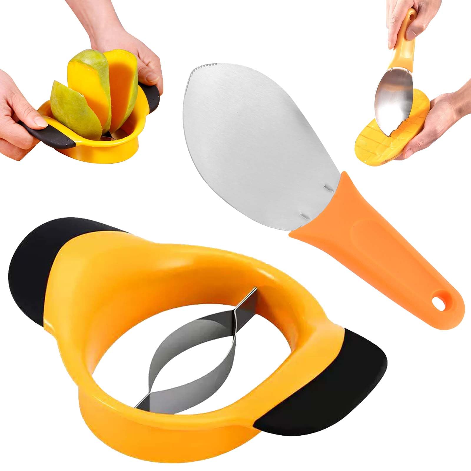 Cortador de Mango,Hoja Partidor de Mangos de Acero Inoxidable, Descorazonador,Utilizado para Cortar & Descorazonar de Mango,Cuchilla de acero inox,Negro-amarillo