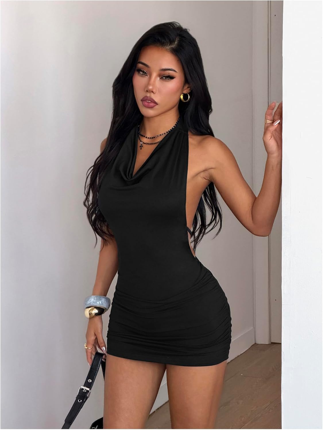 Verdusa Women's Backless Halter Cowl Neck Dress Summer Party Ruched Bodycon Mini Dresses
