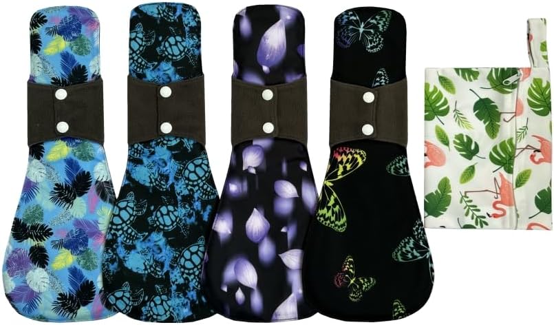 5pcs Set 1pcs Mini Wet Bag + 4 Pieces 14 Inch Overnight Charcoal Bamboo Mama Cloth/Menstrual Pads/Reusable Sanitary Pads (Flamingo)