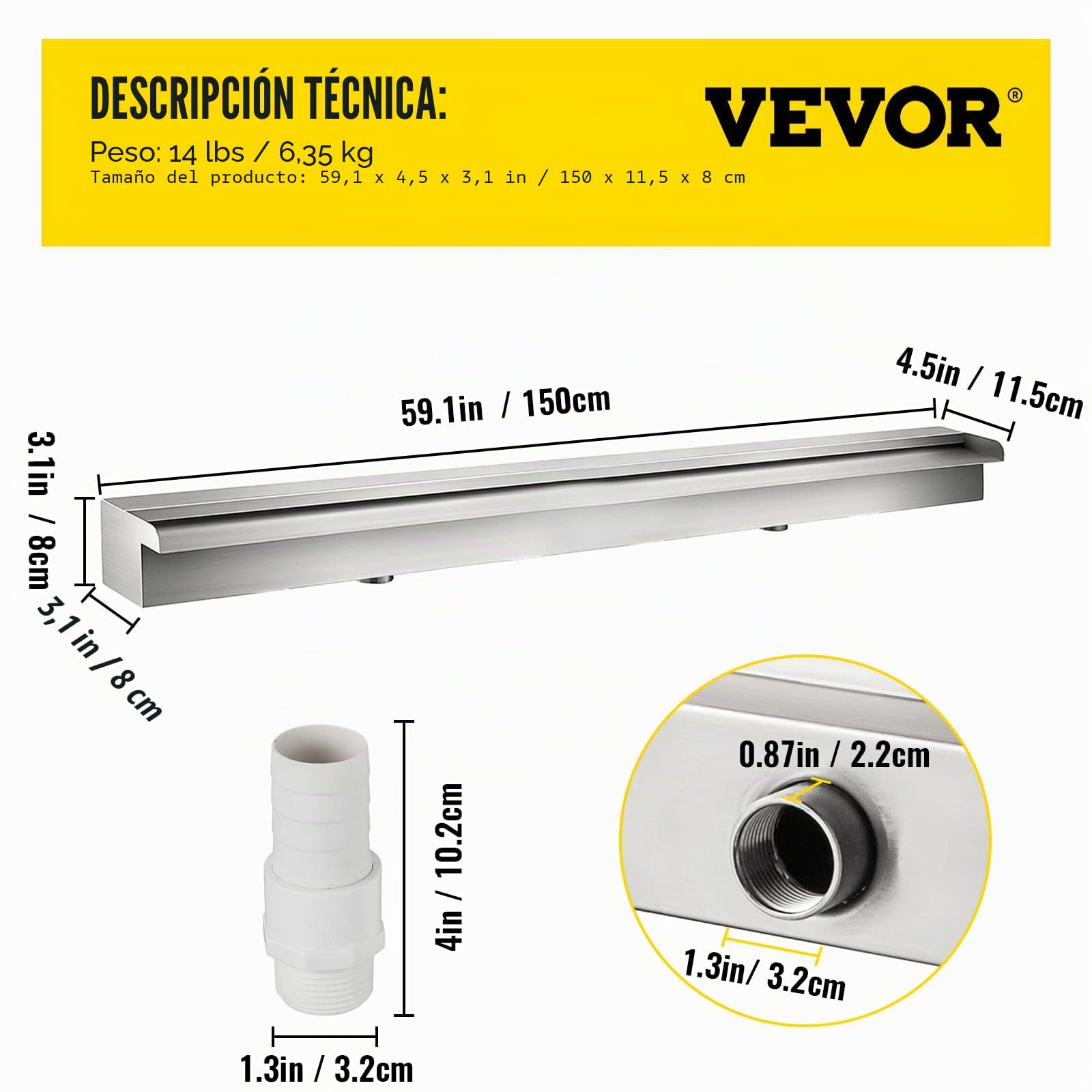 VEVOR Cascada de Agua de Acero Inoxidable 150 x 11.4 x 7.8 CM Fuente de Cascada Cascada Agua Acero Inoxidable Fuente Rectangular para Piscina
