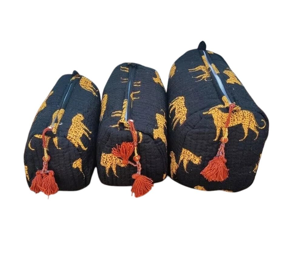 Craft Lovers Conjunto de 3 peças de bolsa de higiene pessoal e estojo de maquiagem com estampa em bloco - Bolsa acolchoada floral Boho para cosméticos - Organizador forrado à prova d'água para bolsa