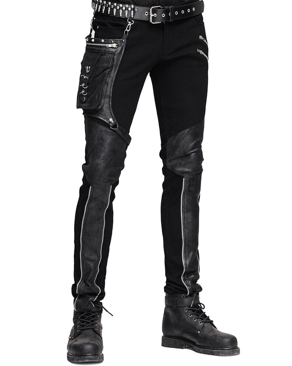 Fashion Gothic Mens Cyber Pants Jeans Black Gothic Punk Faux Leather Side Bag