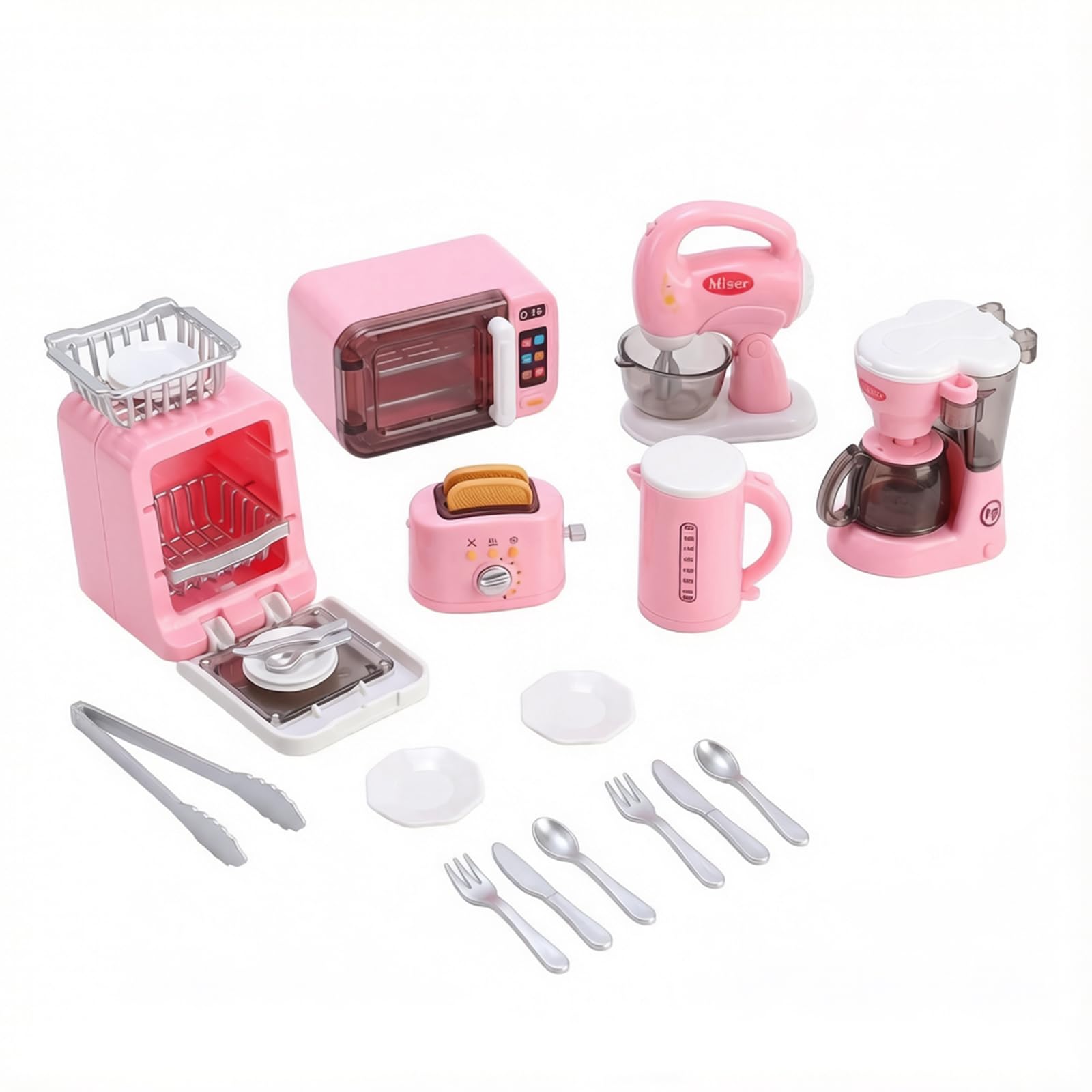 Play Kitchen Accessories 17 PCS Set, Kids Kitchen Toy Set with Toy Coffee Machine, Mixer, Toaster & Kettle, Pretend Play Kitchen Appliances for Toddlers, Educational Gift for Girls Boys (Pink)