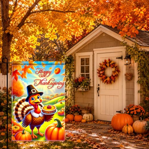 Image of BlissYard Happy Thanksgiving Turkey Garden Flag 12x18 Inch Fall Decor | Double sided polyester, Thanksgiving turkey pumpkin design, festive harvest decor for porch and yard