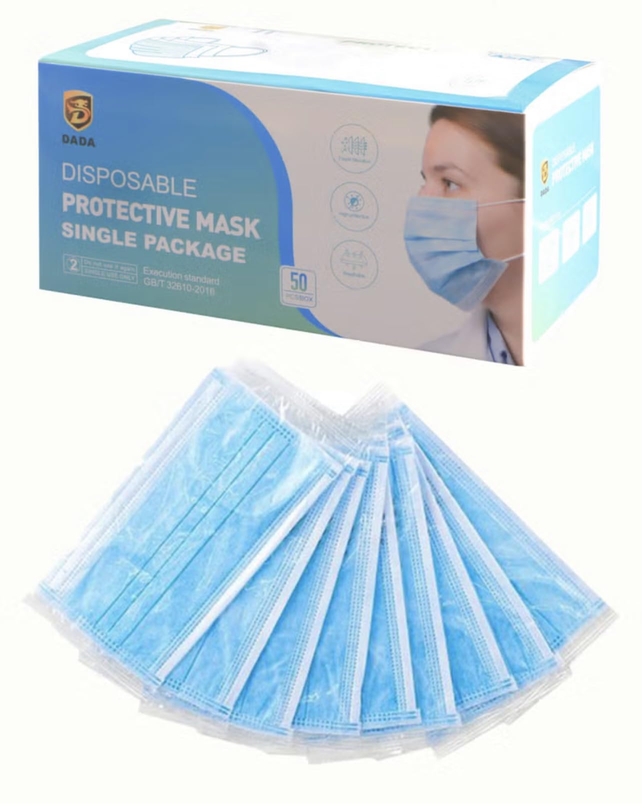 Dada face mask single packing 3 Layer Protective Disposable Single Wrapped Face Masks, Flat And High Elastic Ear Loops, 50 Pcs/box, Each Mask Individually Wrapped