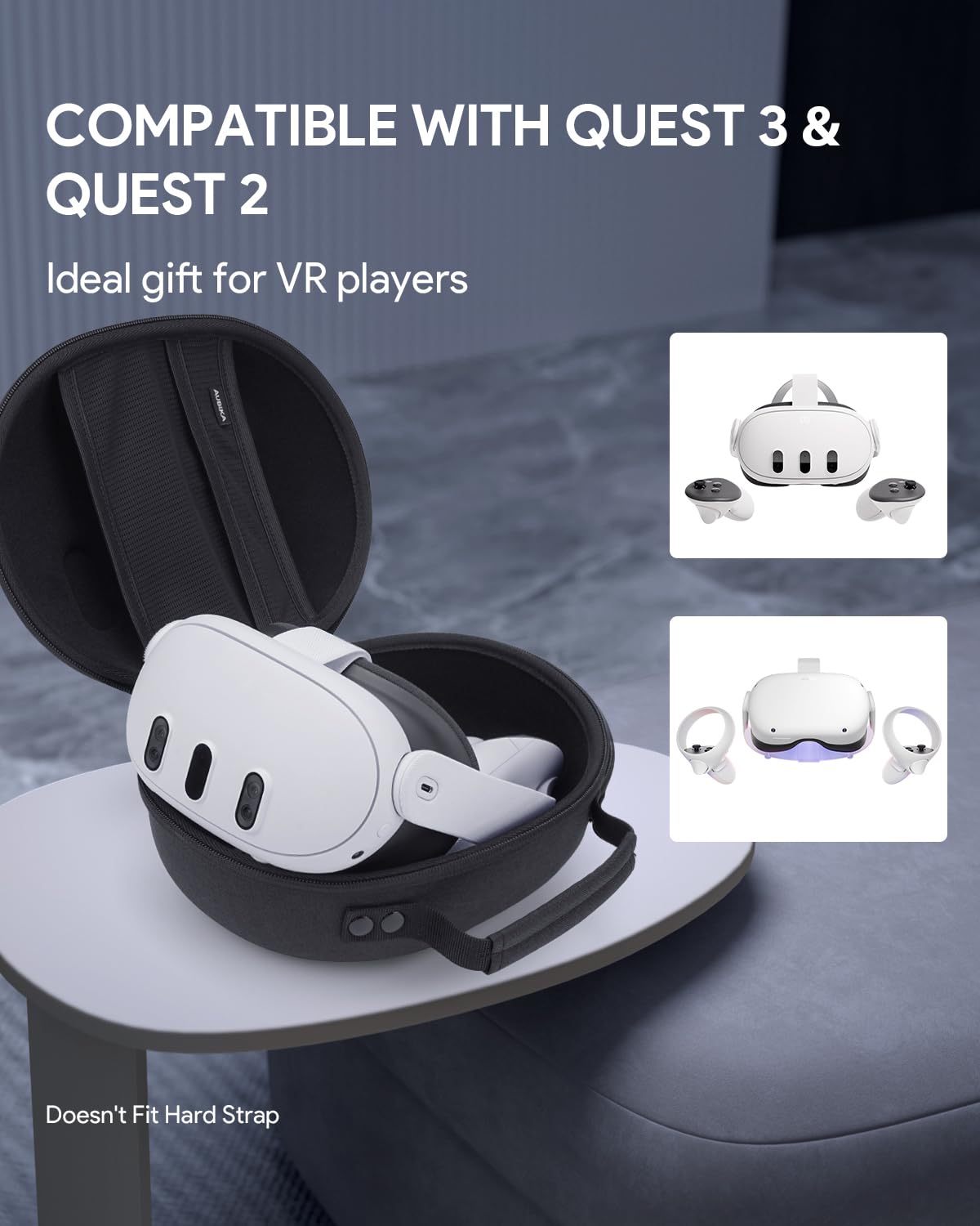 Aubika Mini Funda para Meta Quest 3 Accesorios, Funda de Transporte Rígida para Oculus Quest 3S Auriculares y Controladores, Viaje y Almacenamiento, Negro (No para Cinturino Elite)