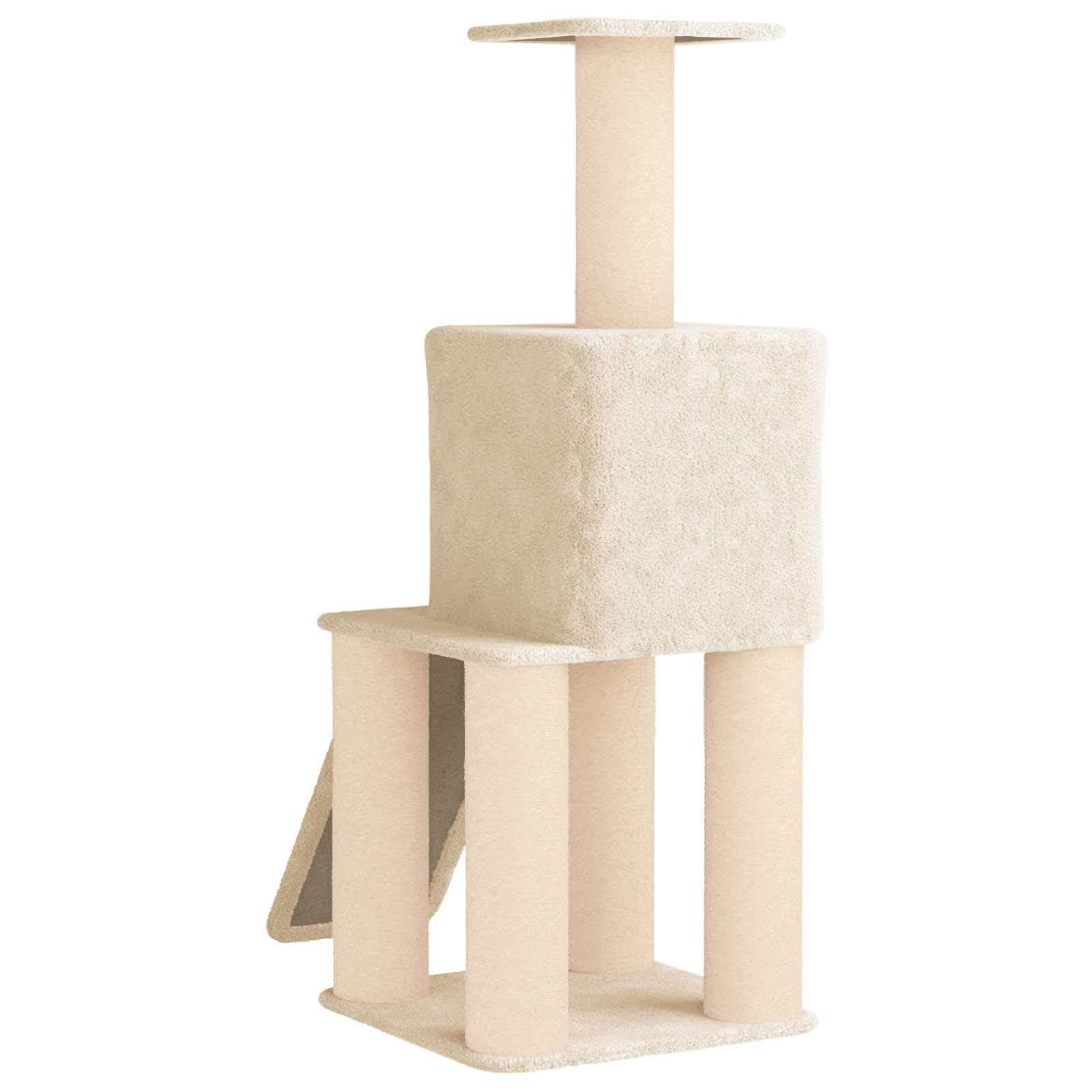 Kratzbaum groß mit Sisal-Kratzsäulen & Katzenhöhle, Kletterbaum 146 cm hoch aus Holz und Plüsch, Stabiler Katzenbaum Kletterturm für Katzen, Creme
