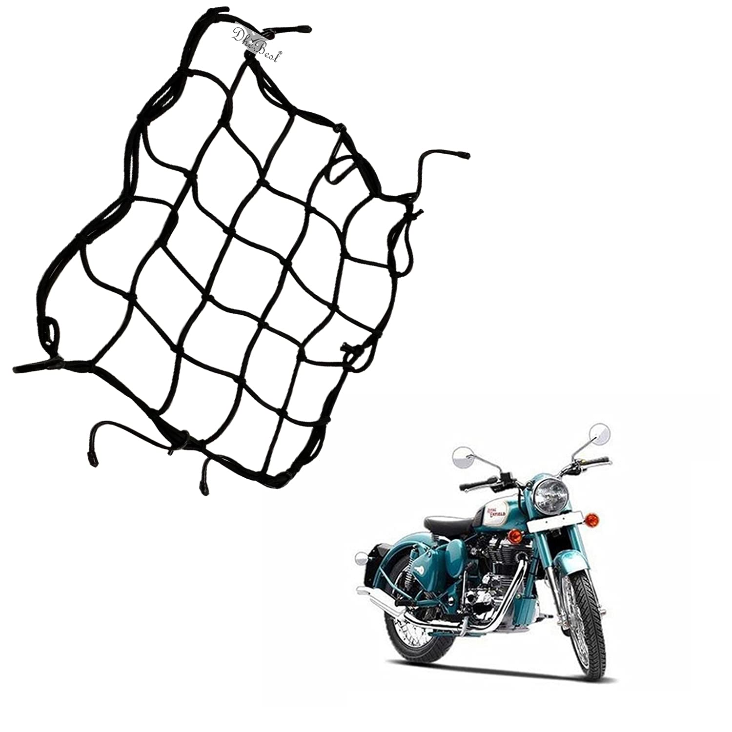 Dhe Best Bike Universal Strong Bungee Net/Seat Jali Motorcycle Bike Helmet Holder 6 Hooks Cargo0 Net Black Compatible with RE Classic 500-image-1