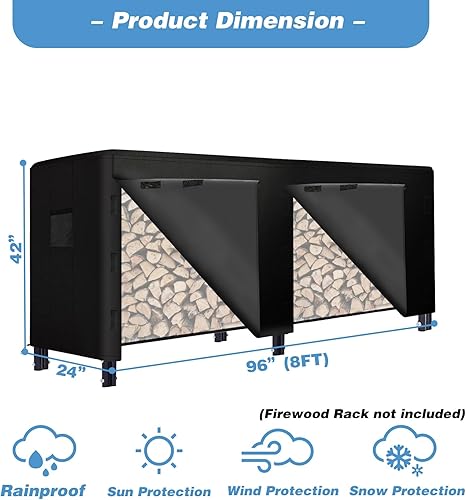 Miniatura 5 de BDL Cubierta impermeable para estante de troncos de 8 pies, resistente al agua, 600D, Oxford, para exteriores, con solapa frontal que se abre