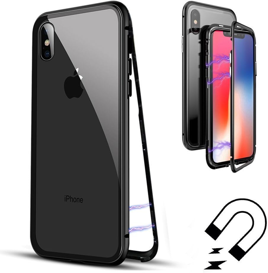 QLTYPRI iPhone XR Case, Magnetic Adsorption Metal Frame Case Aluminum 9H Tempered Glass Back Cover [NO Tempered Glass in Front] [Support Wireless Charging] for iPhone XR - Clear Black