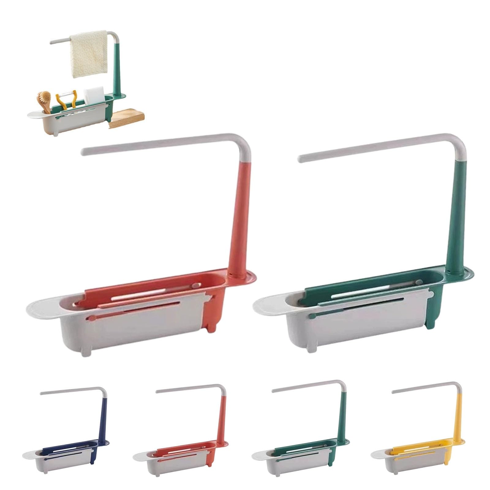 Sink Storage Rack, Telescopic Sink Kitchen Organizer, Telescopic Sink Organizer with Brackets and Bars, Kitchen Sink Organizer Telescopic Sink Organizer (Green + Red)