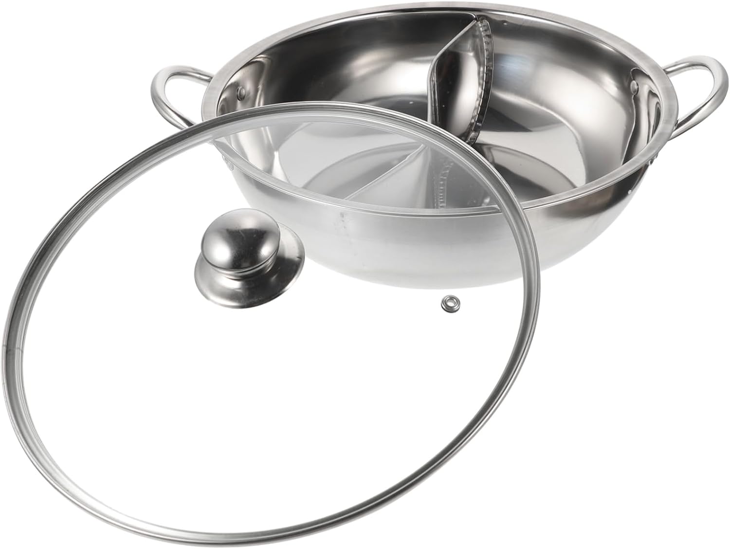 GLEAVI Stainless Steel Divided Hot Pot with Lid Medium Cooking Pot for Induction Cooktop Thickened Non-Magnetic Dual Compartment