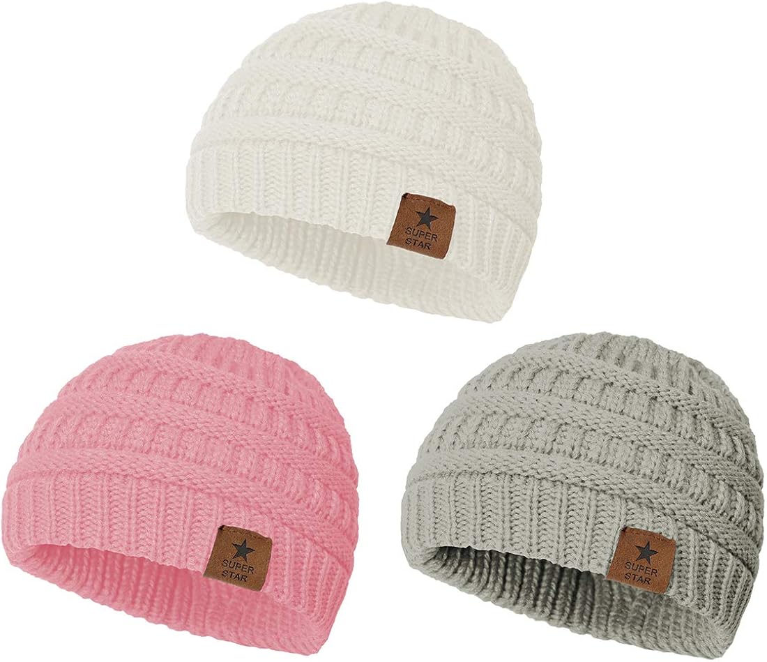 Durio Soft Warm Knitted Baby Hats Caps Cute Cozy Chunky Winter Infant Toddler Baby Beanies for Boys Girls 3 Pack Black & Light Grey & Navy: Clothing