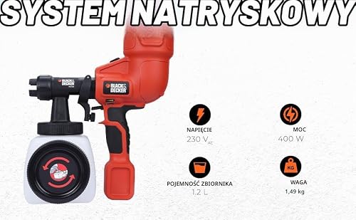 Black & Decker, Ręczny pistolet natryskowy, moc 400 W, kanister 1200ml – regulacja przepływu farby, agregat do malowania, HVLP200