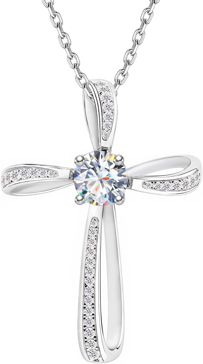 Moissanite Diamond Cross Necklace for Women, Lab Diamond Crucifix Pendant S925 Sterling Silver, Infinity Cross Jewelry Birthday Gift for Lady Mom Wife