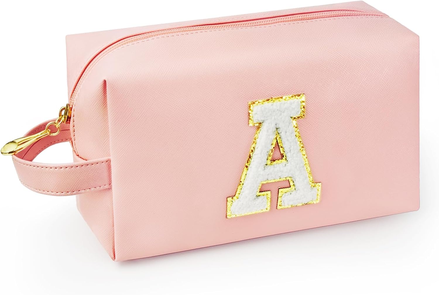 Personalized Initial Makeup Bag with Handle, Preppy Cosmetic Bag with Inner Zipper Pocket, 8 9 10 11 12 13 14 Years Old Girl, Graduation Gifts for Teen Girls Women Teachers (A, Pink)