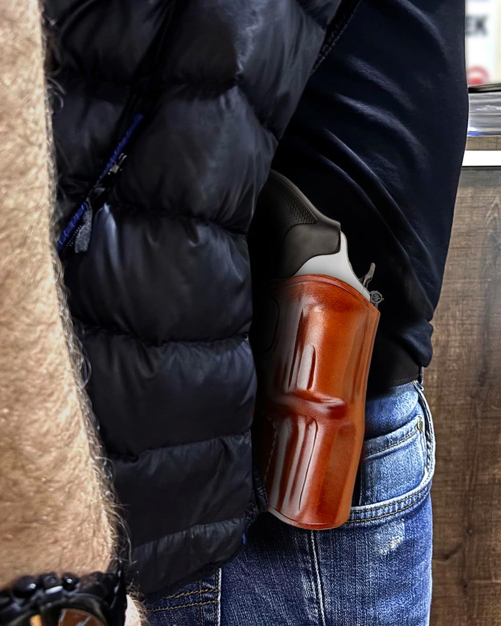 Premium Leather OWB Paddle Holster Open Top Fits SP-101 .357 Magnum 3" Barrel, Right Hand Draw, Brown Color #1034#