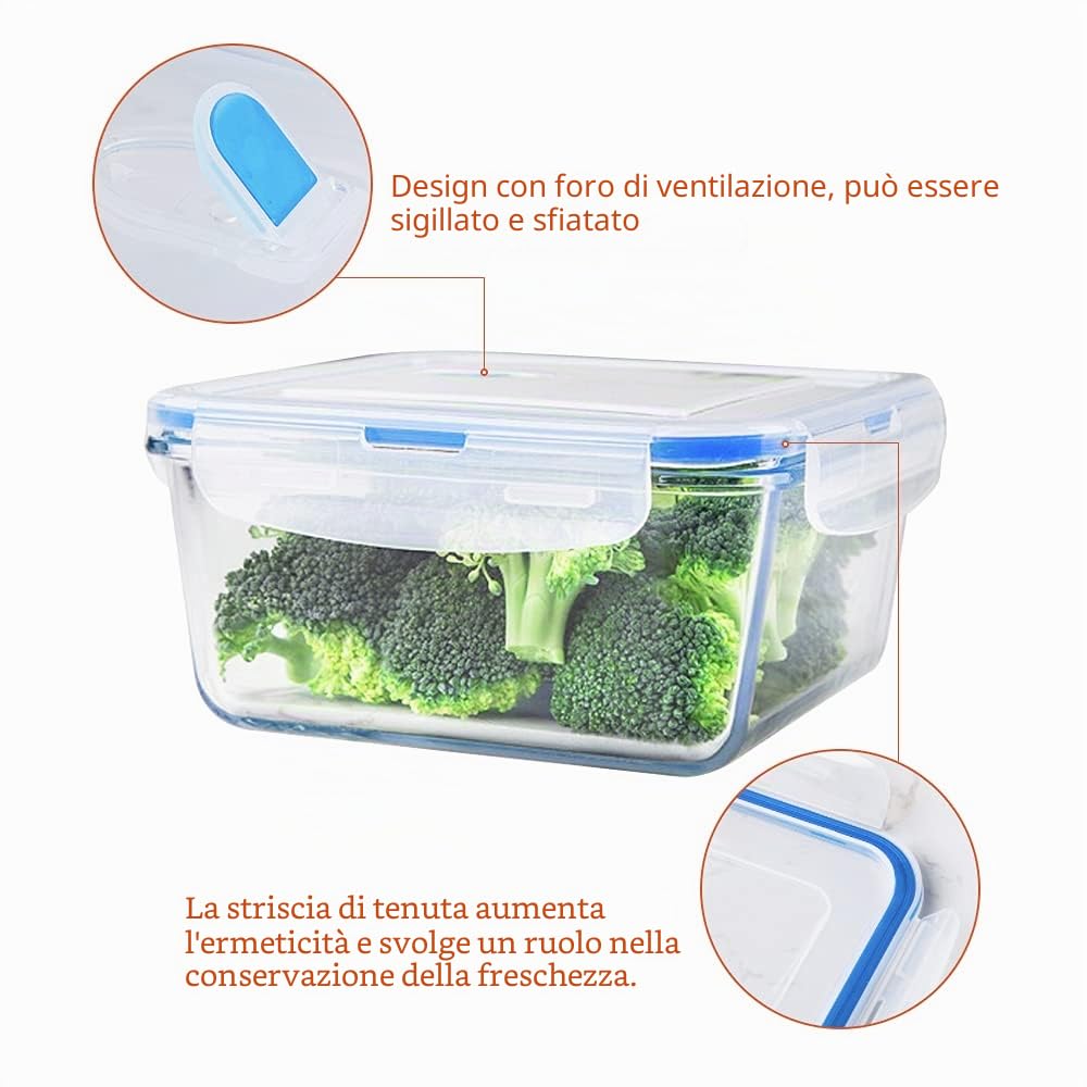 Grandi Contenitori per alimenti in vetro, con coperchi 8 pezzi (4 contenitori + 4 coperchi) - senza BPA, ermetici - adatti per microonde, lavastoviglie e forno (Quadrato)