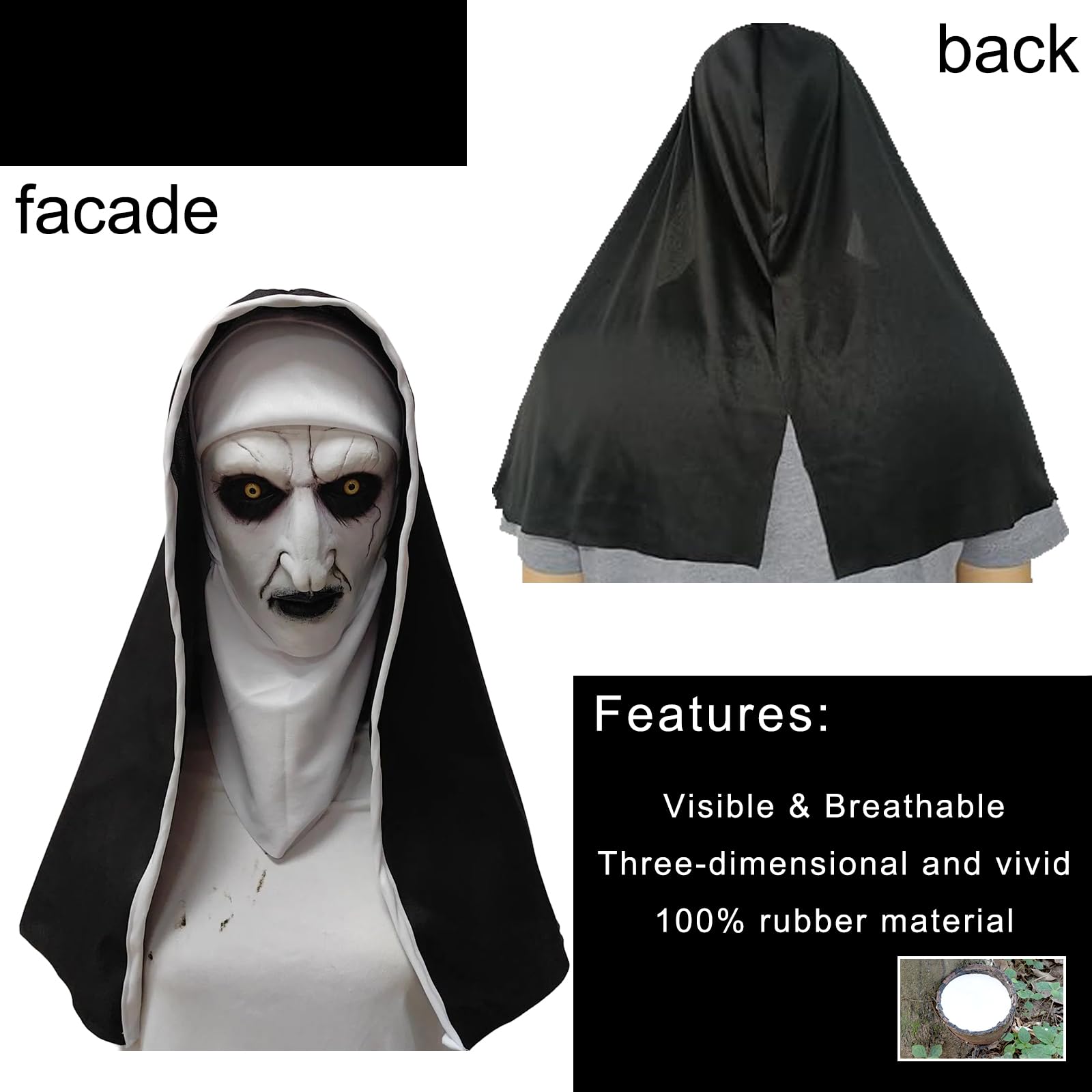 Fonysien Halloween Nun Mask With Headscarf & Black Mouth - Image 3