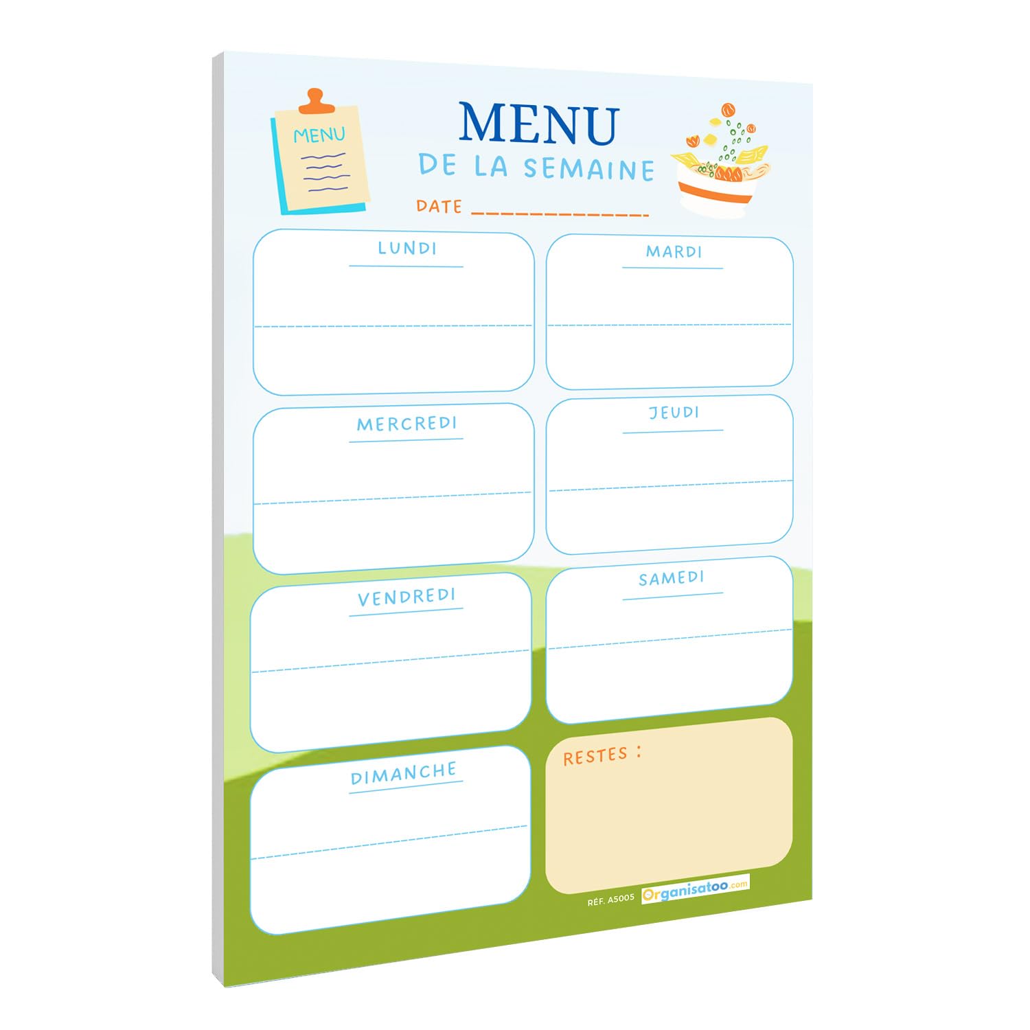 Bloc menu de la semaine - planificateur des repas hebdomadaire A5 - organisation quotidien 50 pages