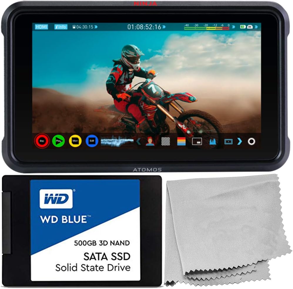 Atomos Ninja V 5" 4K HDMI Recording Monitor with SSD Starter Bundle – Includes: WD Blue 500GB Sata SSD Solid State Drive & Microfiber Cleaning Cloth