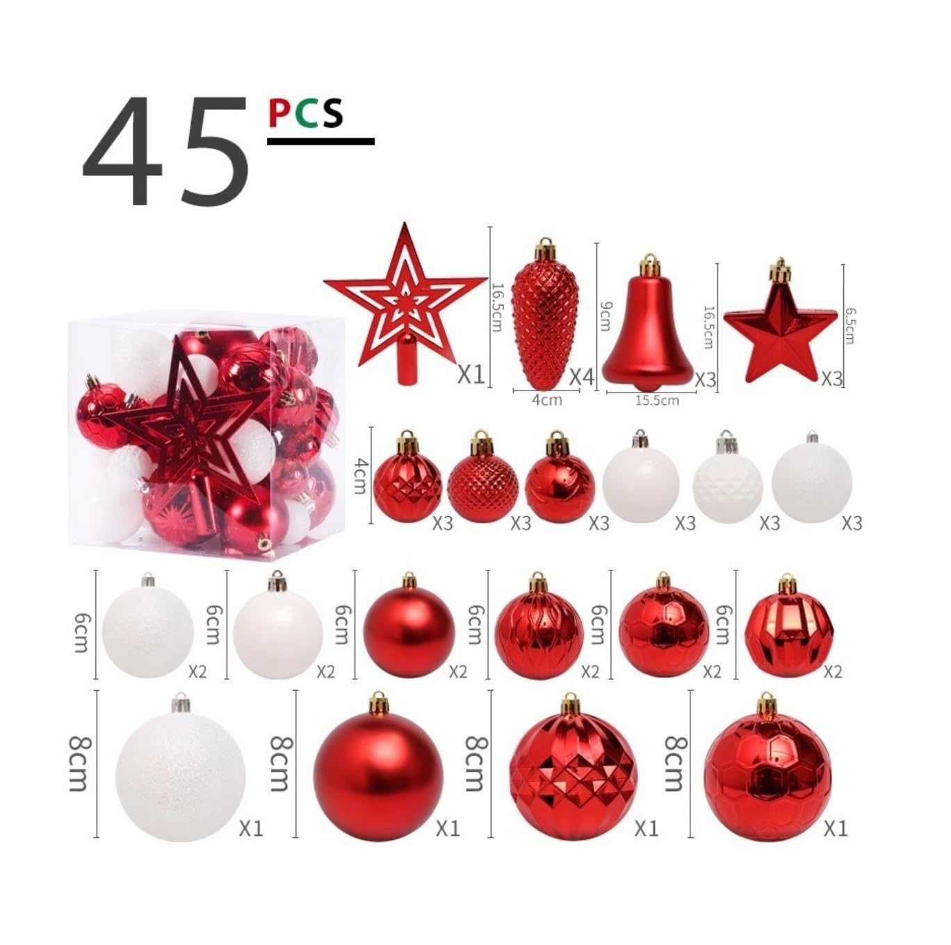 Weihnachtskugeln 45-teiliges Weihnachtsschmuck-Kugel-Set, Dekorationskugeln, Weihnachtsbaumkugeln, Hängende Kugel Für Urlaub, Hochzeit, Party Christbaumkugeln(Red+White)