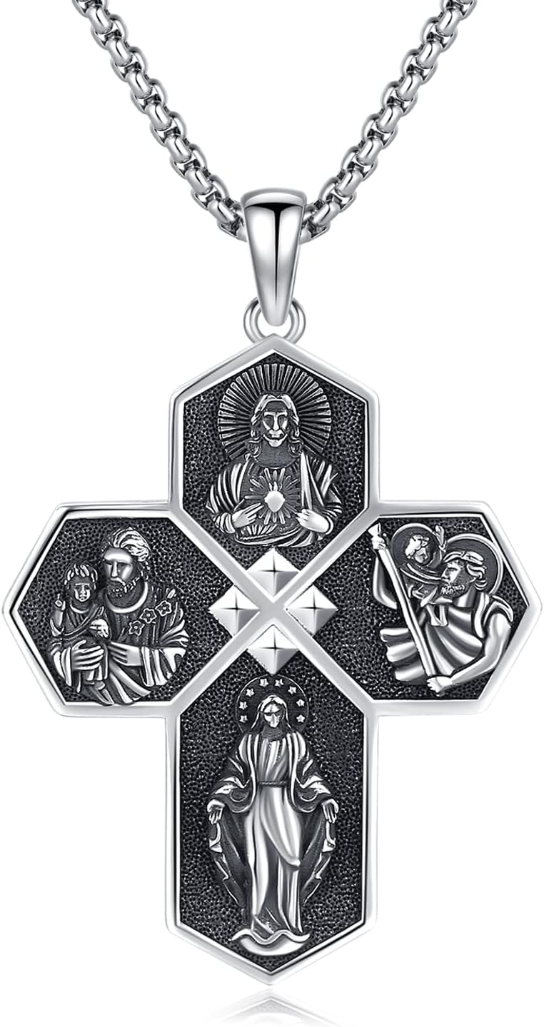 Sterling Silver Four Way Cross Medal Pendant Necklace - Sacred Heart, St Christopher, St Joseph, the Miraculous Medal - Protection Necklace Religious Jewelry Gift with 22" chain, Sterling Silver, n a