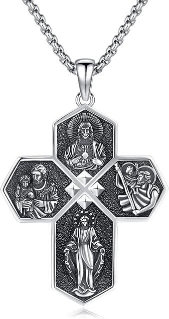 Sterling Silver Four Way Cross Pendant Necklace - Sacred Heart, St Christopher, St Joseph, the Miraculous Medal - Protection Necklace Catholic Religious Jewellery Gift for Women Men Father Son