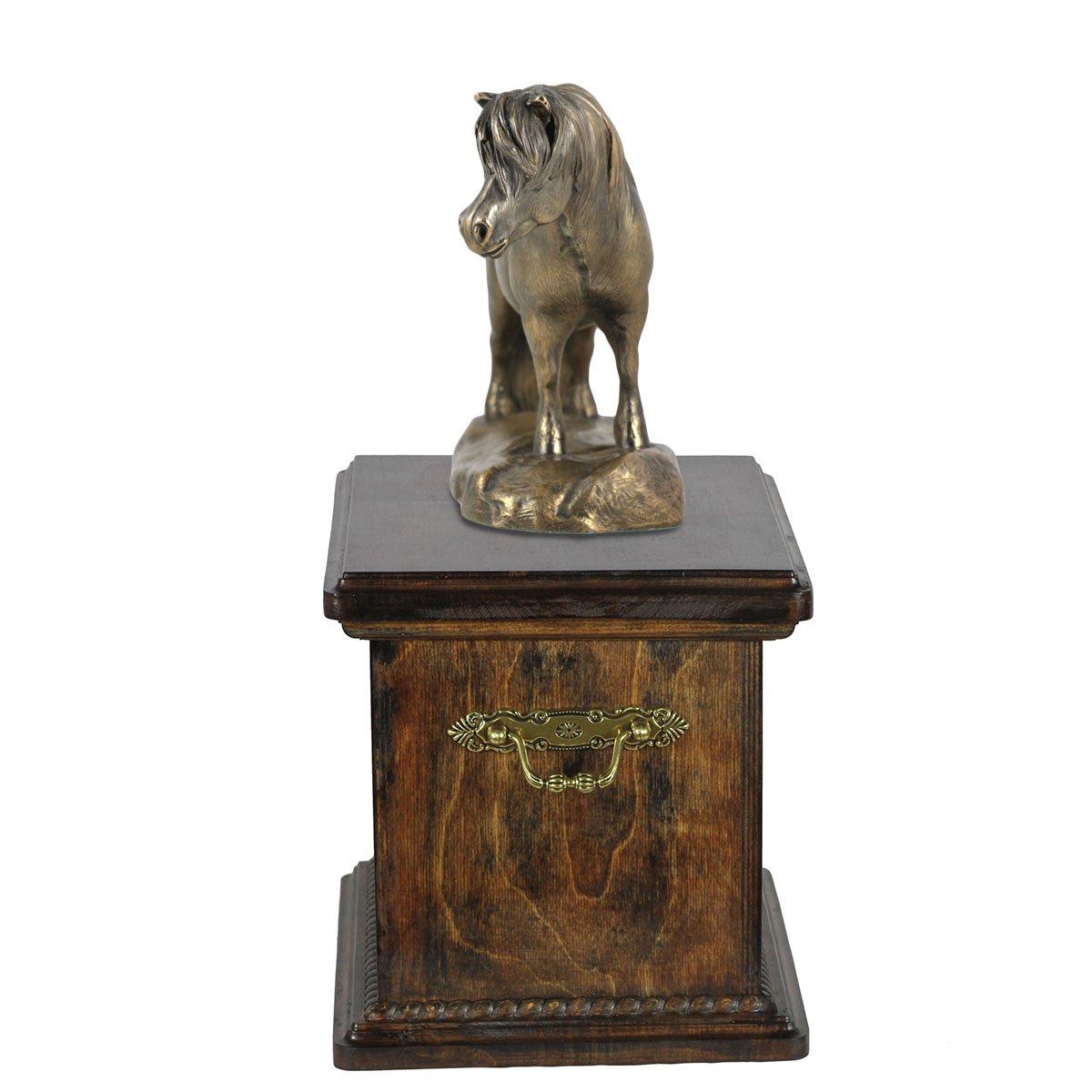 Urne artisanale pour cendres de cheval avec statue de poney Shetland en bois