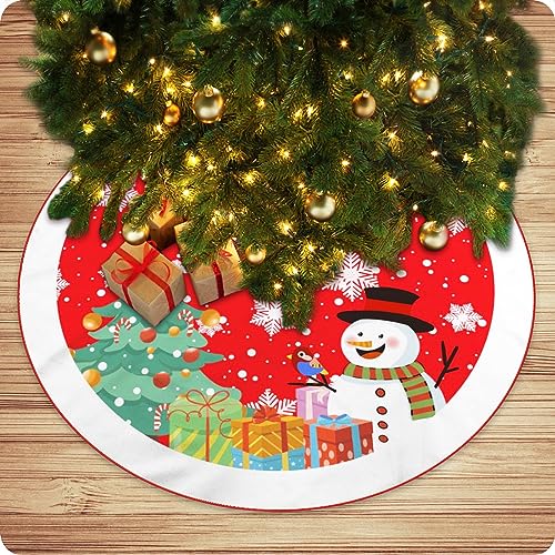 Idaofar 36 Inches Red Christmas Tree Skirt Snowman Xmas Tree Skirt With Santa Claus Red Black Buffalo Plaid Edge Rustic Vintage Christmas Decorations For Holiday Party cover