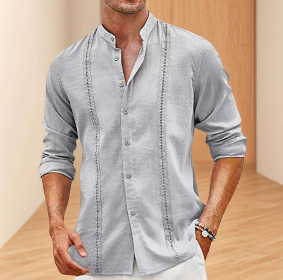 Men's Cuban Guayabera Shirts Long Sleeve Button Down Shirt Casual Stand Collar Loose Summer Beach Tops