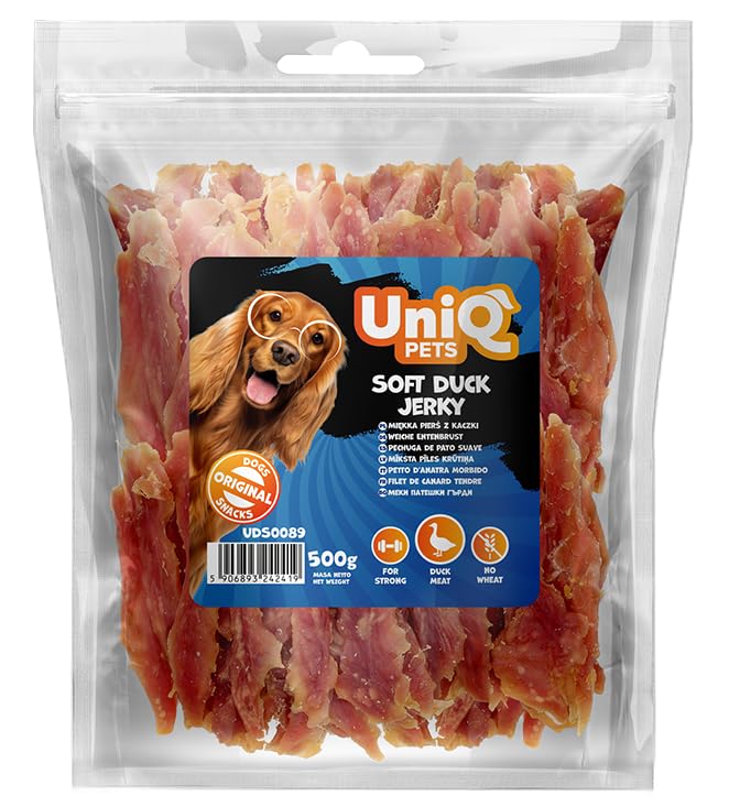 UniQ Pets Hundeleckerli weiche Entenbrustfilet Streifen glutenfrei für große Hunde 500 g