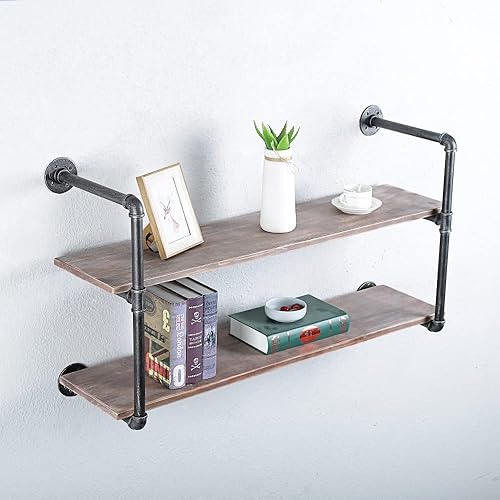 Miniatura 7 de Estantería industrial de tubería montada en la pared, estantes flotantes de metal rústico, estantes de libros de madera real, estante de pared,