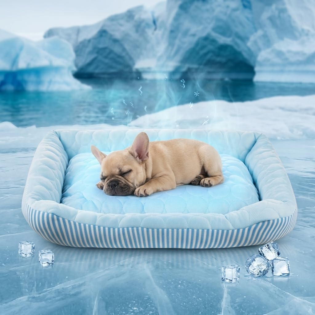 Dog Cooling Bed Summer Sleeping Cool Ice Silk Bed for Small, Medium, Large Dogs & Cats Breathable Washable Pet Beds with Non-Slip Bottom Blue Large