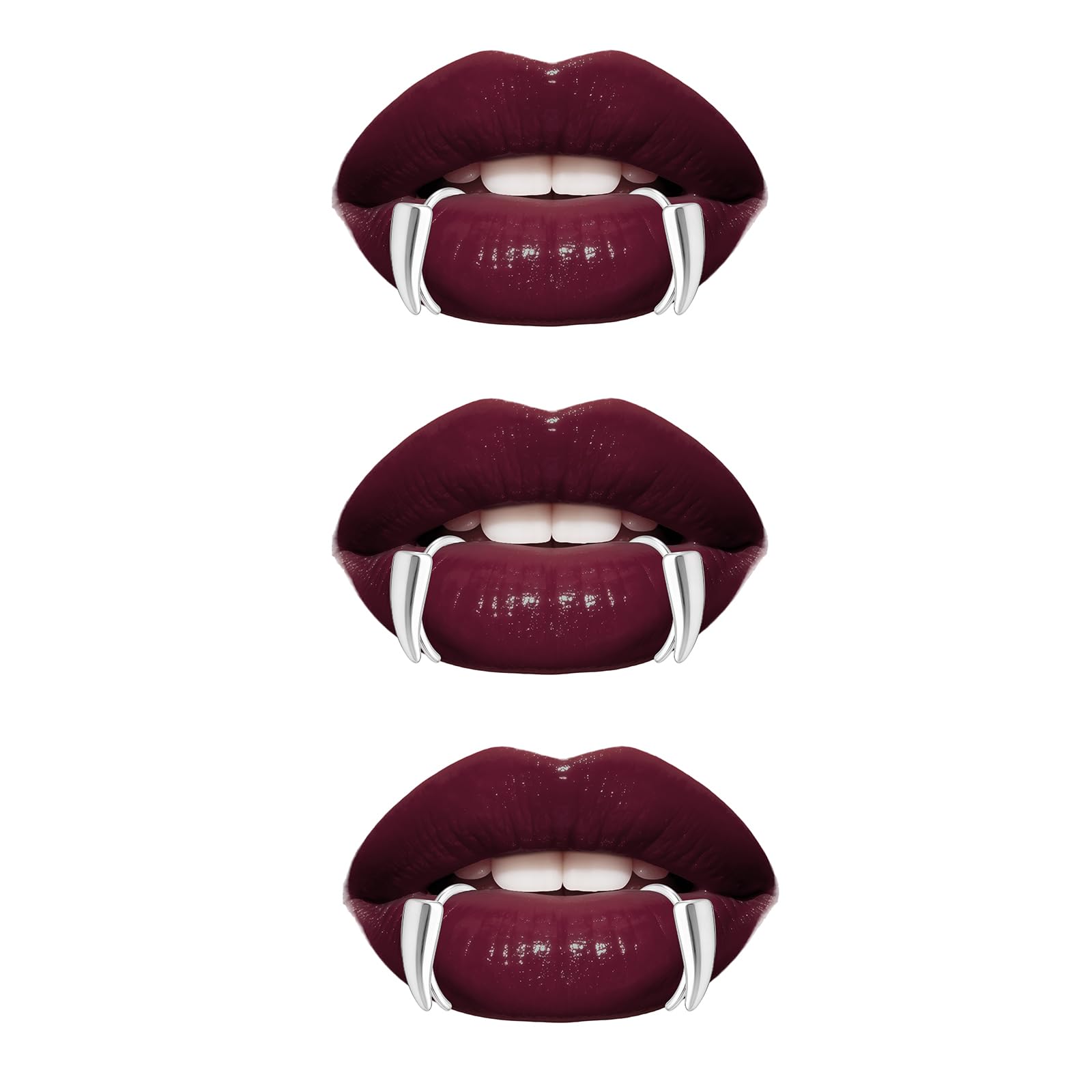 AOVNA 3 Pieces Fake Lip Ring Vampire Fangs Adjustable Non Piercing Wolf Teeth Stainless Steel Non Piercing Wolf Teeth Lip Cuff Vampire Fang Teeth Clip on Jewelry Exaggerated Jewelry