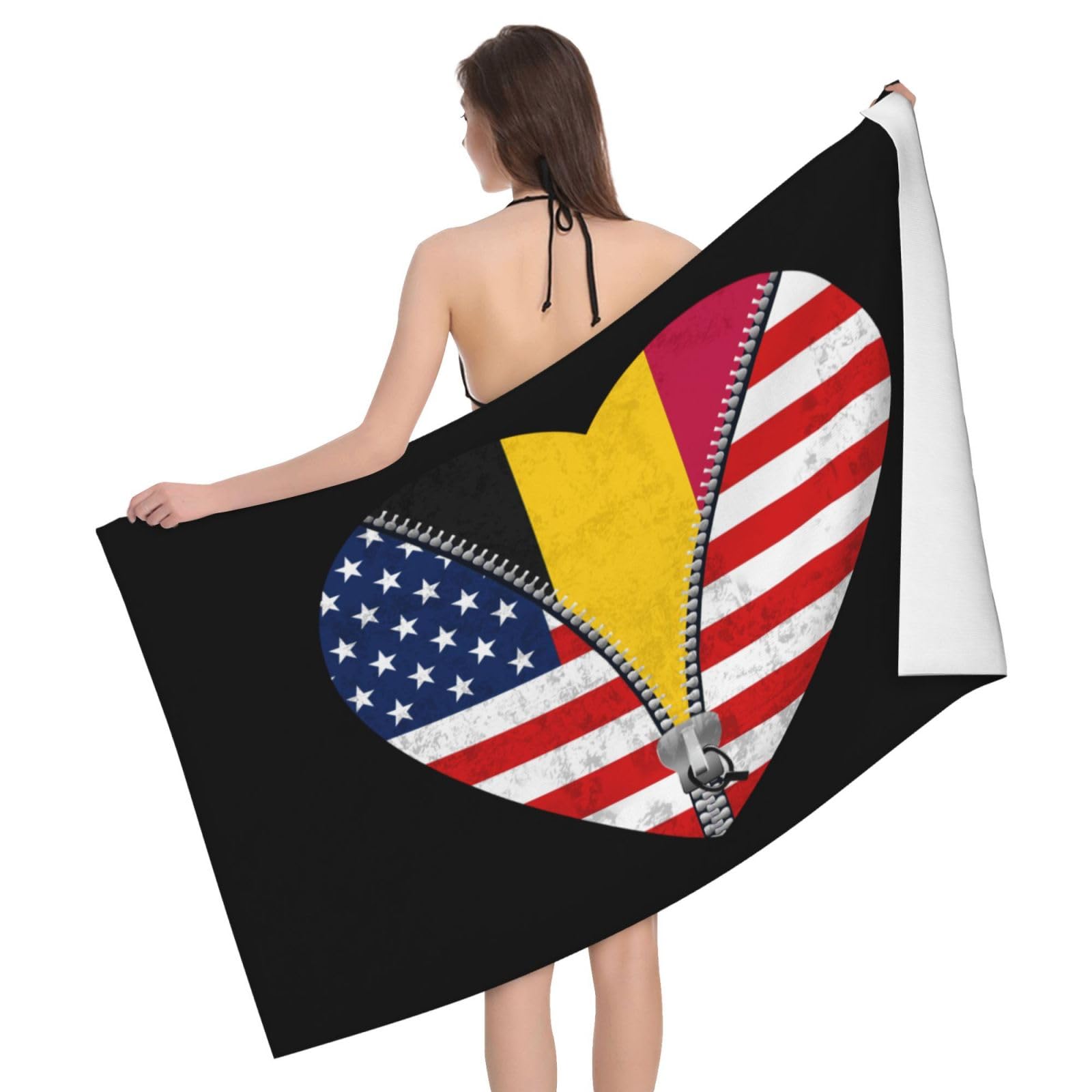 HLBSDM Microfiber Heart America Flag and Belgium Flag Beach Towel Quick Dry Soft Sand Free Beach Towels for Pool Swim Beach Lightweight Thin Towels