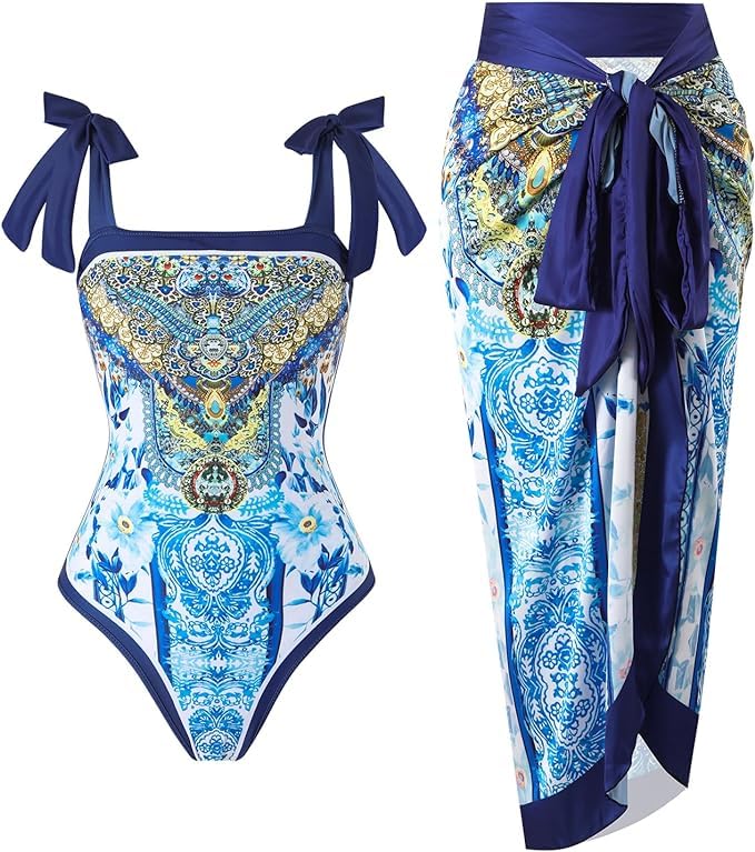 Cerdexon One Piece Bathing Suit for Women with Beach Cover Up Wrap Skirt Swimsuit Sarong Retro Floral Print Bikini Set-picture-46