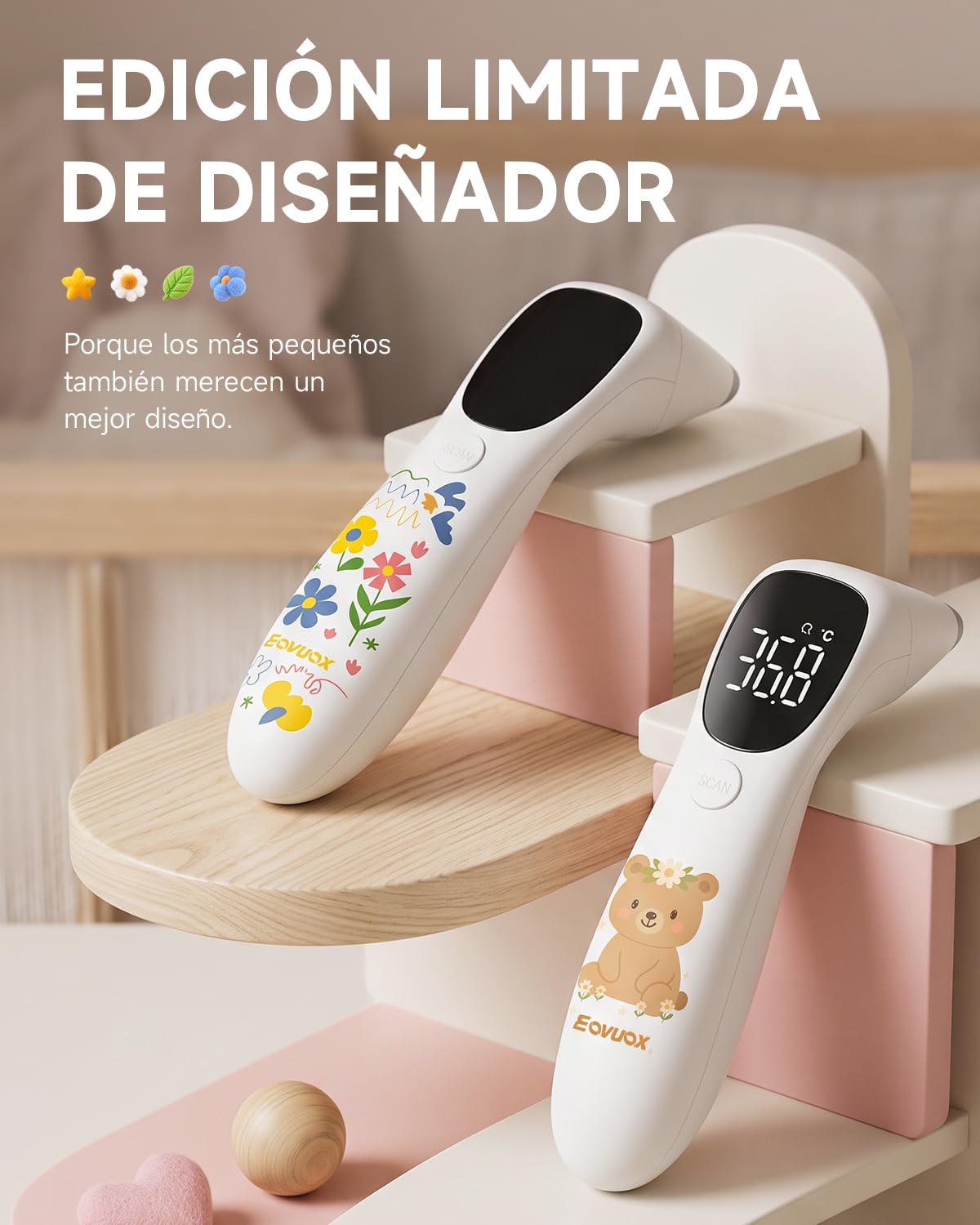 Patrón único dibujado a mano | Termómetro digital sin contacto y auricular – Apto para adultos y bebés, con función de memoria