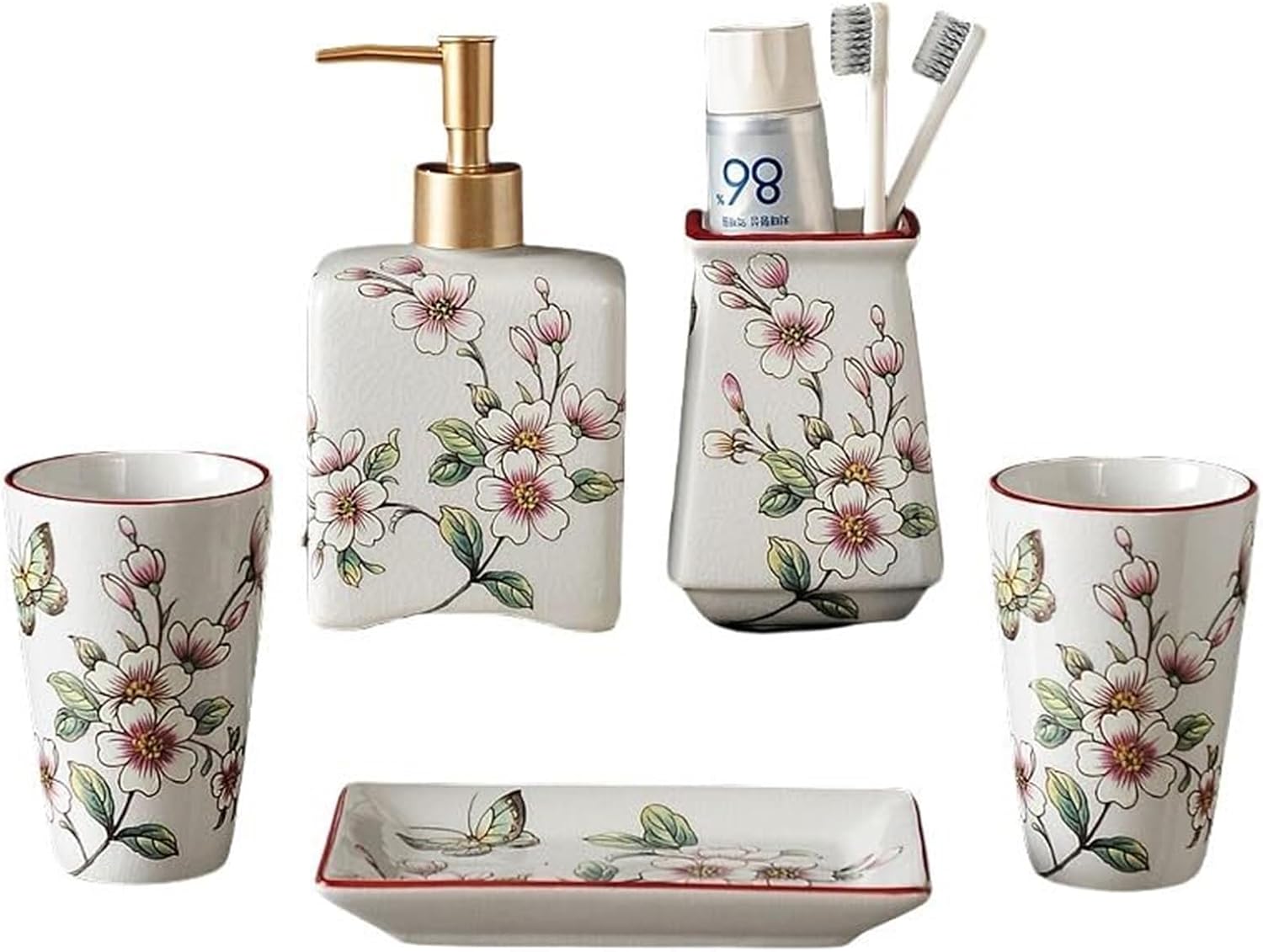 Bathroom Accesory Set Bathroom Organizer Accessories Floral Soap Dispenser Sets Vintage Aesthetic Toothbrush Holder Renter Friendly Decor