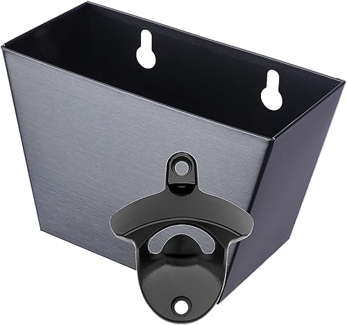 Abridor de botellas de cerveza al aire libre montado en la pared con captador de tapas paquete de aberturas de drenaje (negro)