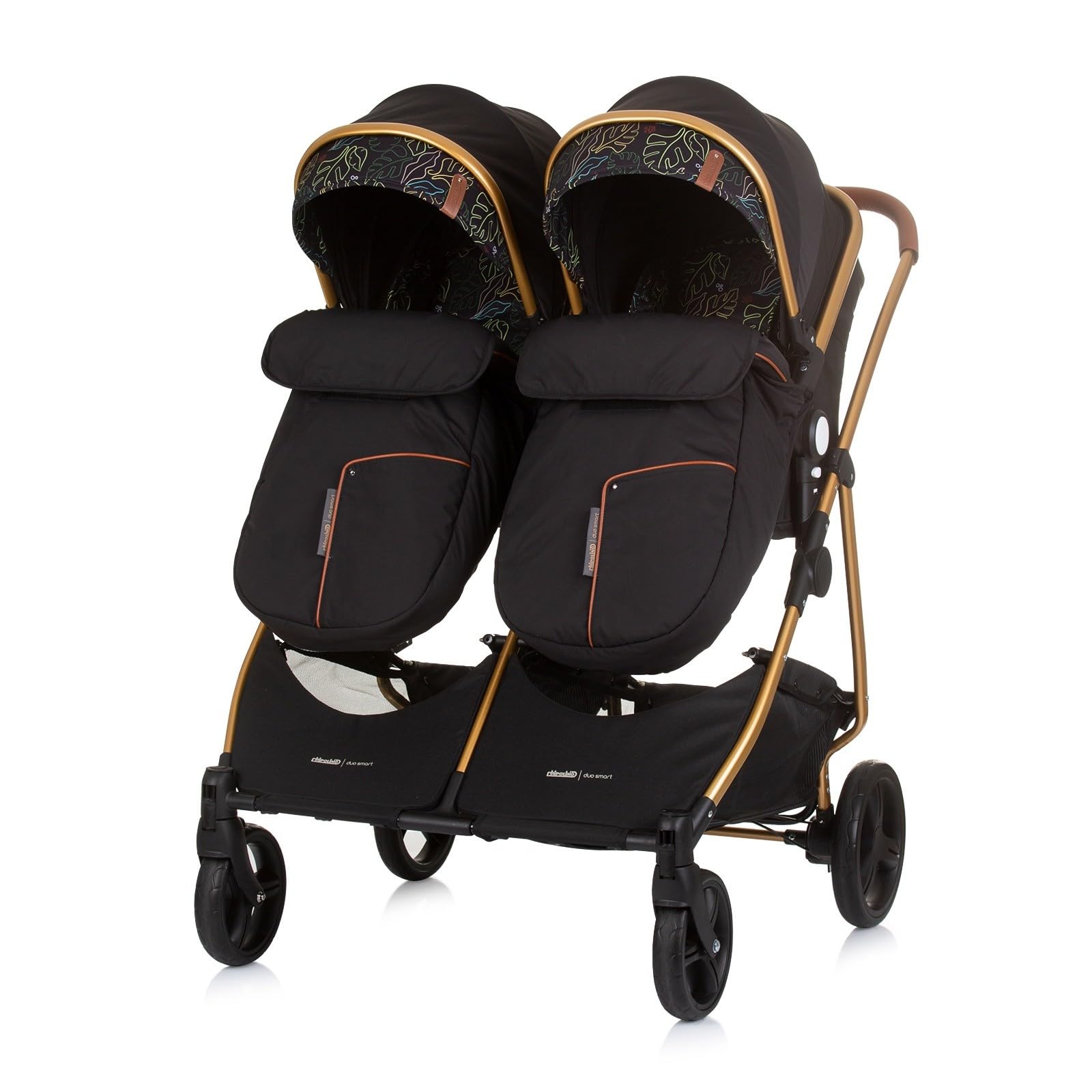 DUO SMART Poussette jumeaux ou enfants rapprochés largeur 79 cm Noir/Feuilles + 2 cosy noir/feuilles