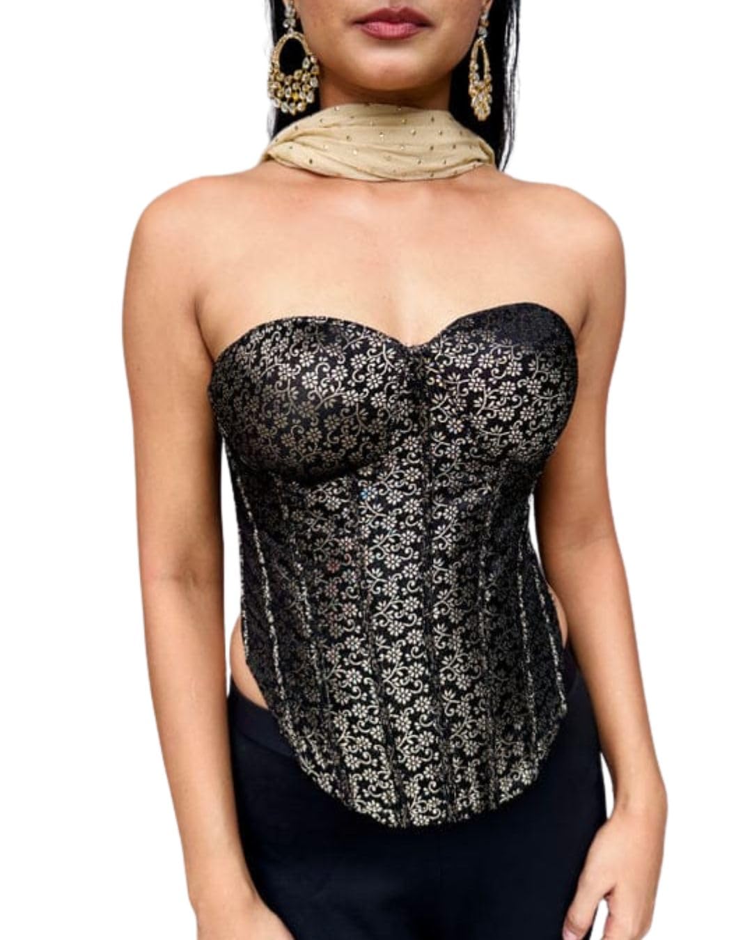 Black Brocade Corset | Handwoven Silk Waist Trainer | Elegant Structured Bodice for Women-image-2