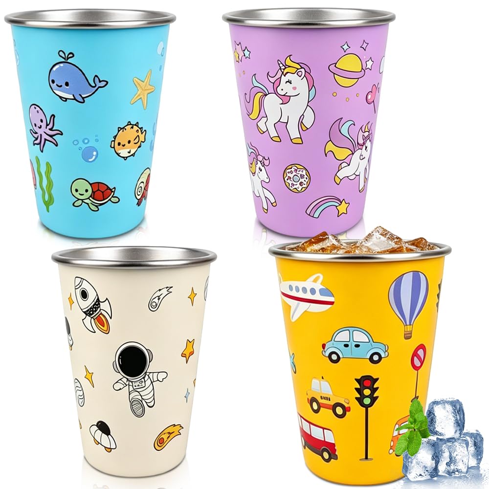 4 bicchieri per bambini in acciaio inox, 350 ml, in acciaio inox, robusti, 1 bicchiere in acciaio inox, per picnic e famiglie (blu, rosa, giallo, bianco)