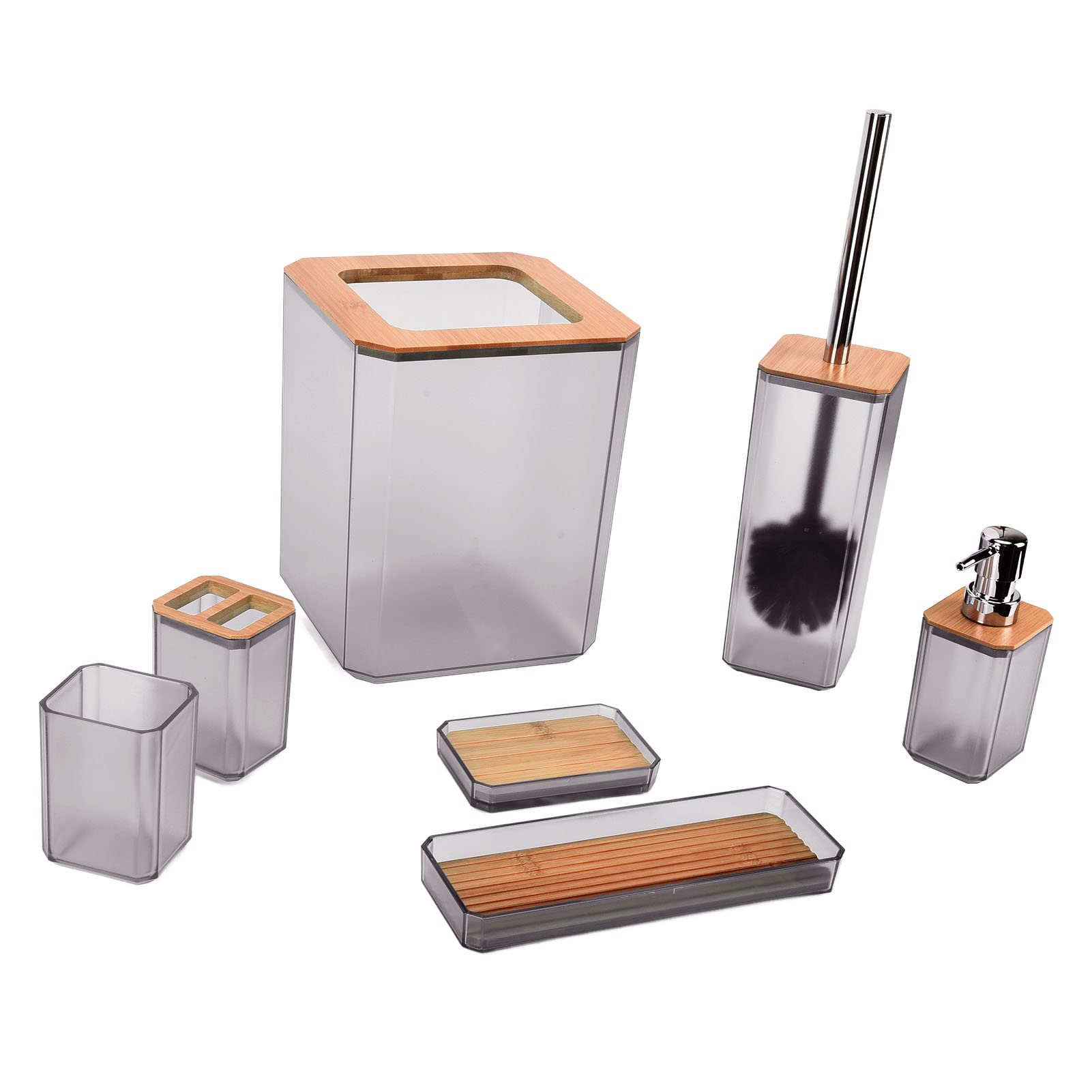 Fdit Juego de Accesorios de Baño de bambú, 7 Piezas, ABS y Soporte para de bambú, Taza para Cepillo de Dientes, Bandeja para Bote de Basura, con Revestimiento de Resina Pesada, para (Grey)